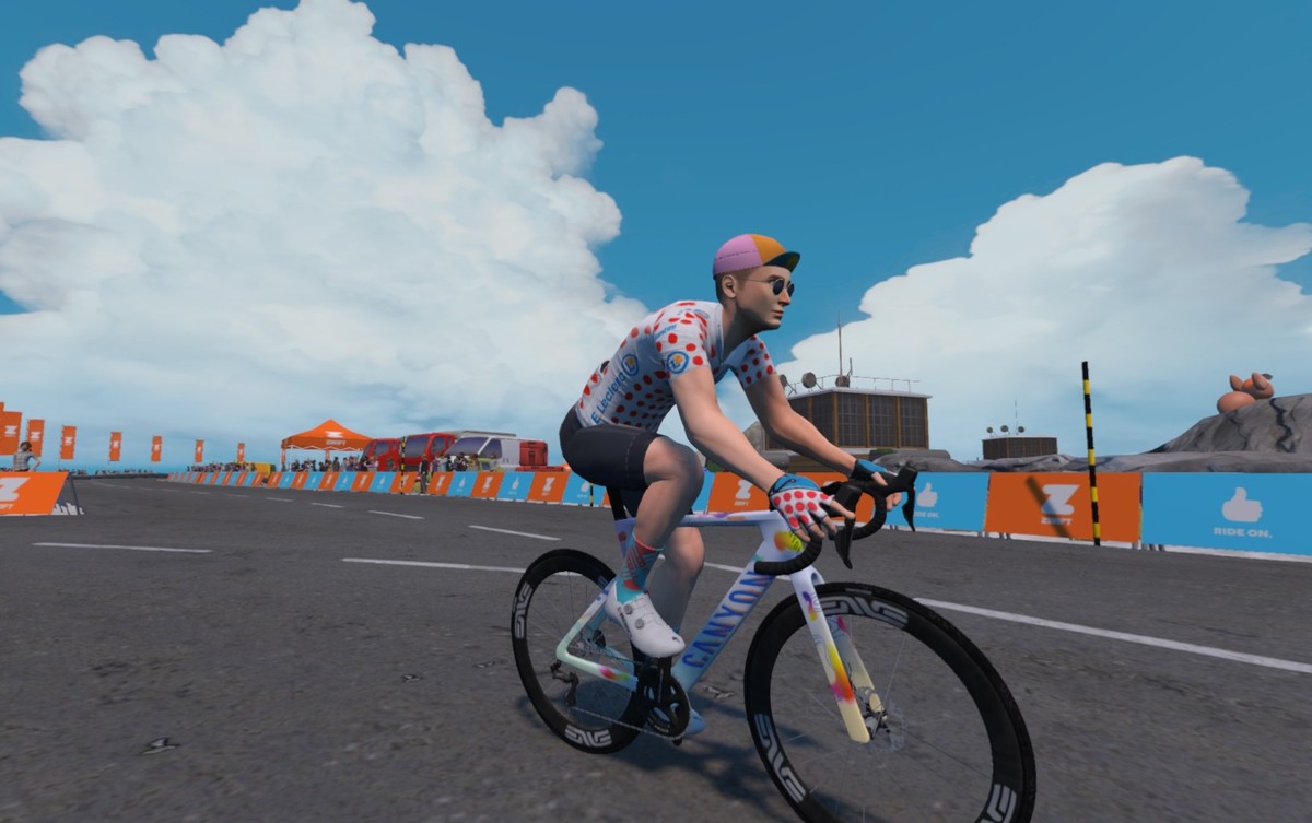 Screenshot from Zwift of the time I got a KOM which I have never done in real life. THIS IS A METAPHOR